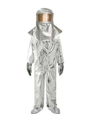 Reflective heat protective suit with helmet and gloves.