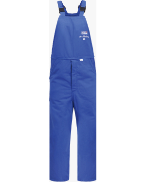 Blue fire-resistant bib overalls, arc rating 48.