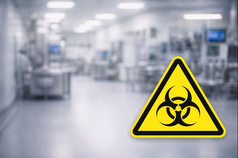 Yellow biohazard warning symbol in front of a blurred cleanroom manufacturing environment.