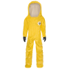 Yellow hazmat suit with hood and gloves.