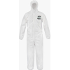 White protective coverall with hood and label.