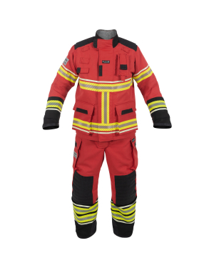 Red firefighter suit with reflective stripes.