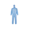 Blue protective coverall with hood.