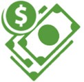 Green dollar bills and coin icon
