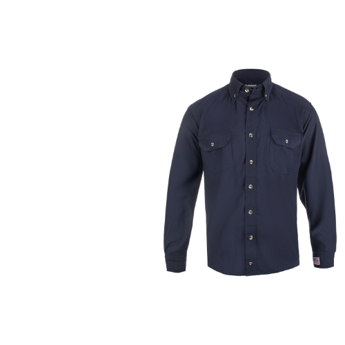 Navy blue button-up long-sleeve shirt with pockets.