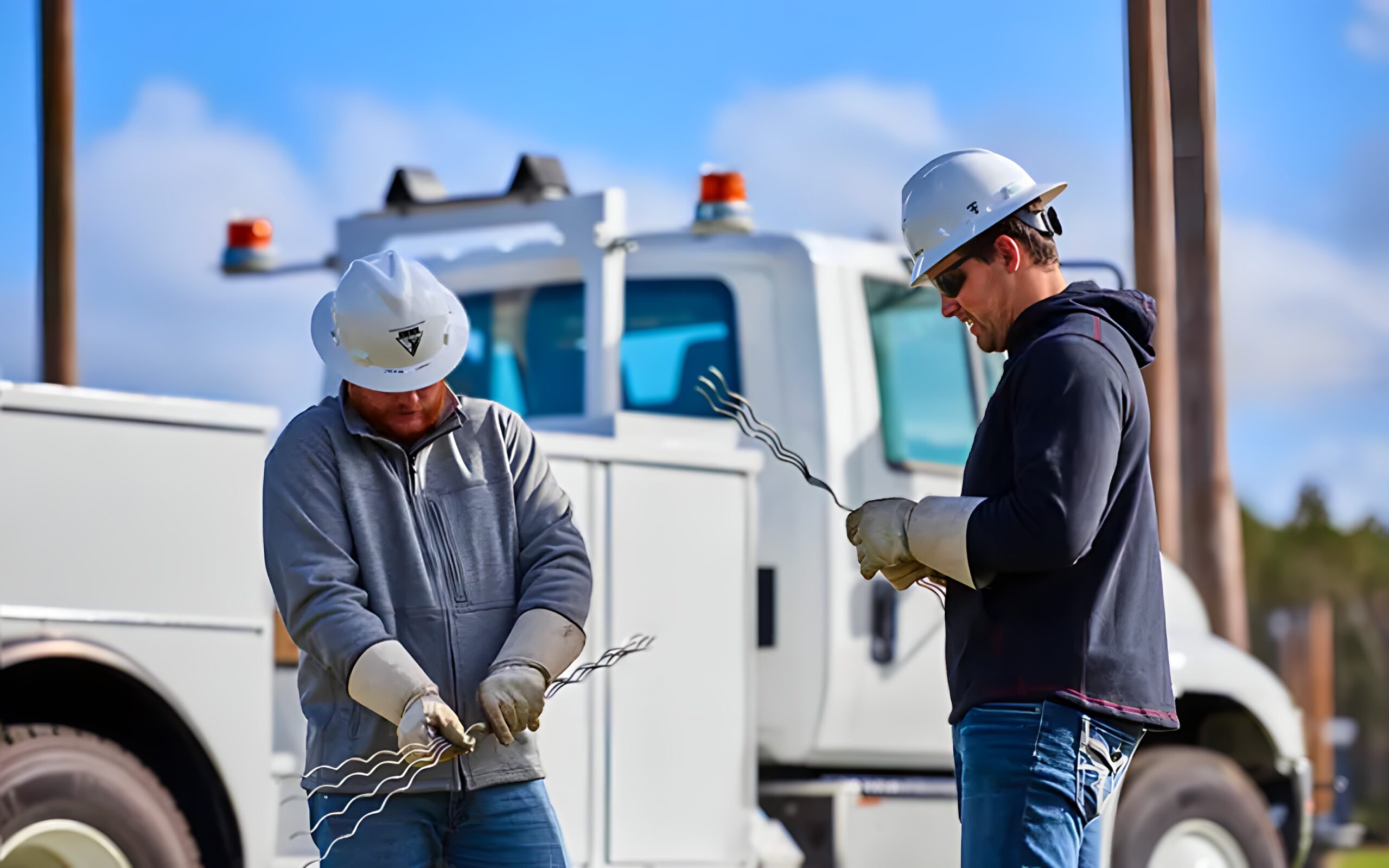 Construction workers handling equipment outdoors