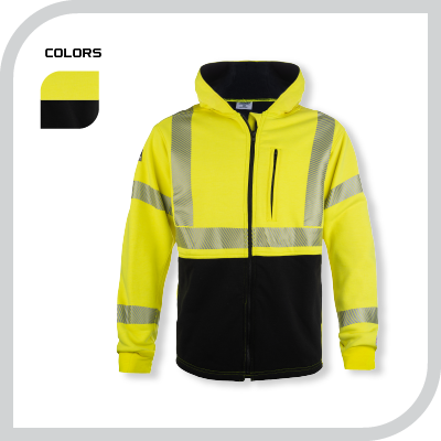 Yellow and black safety jacket with hood.
