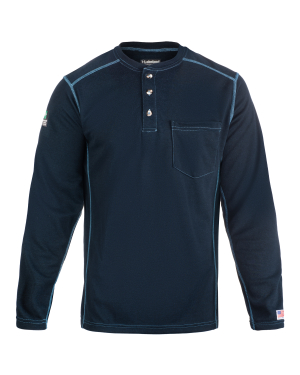 Navy blue long-sleeve henley shirt with buttons