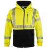 Yellow and black safety hoodie with reflective stripes.