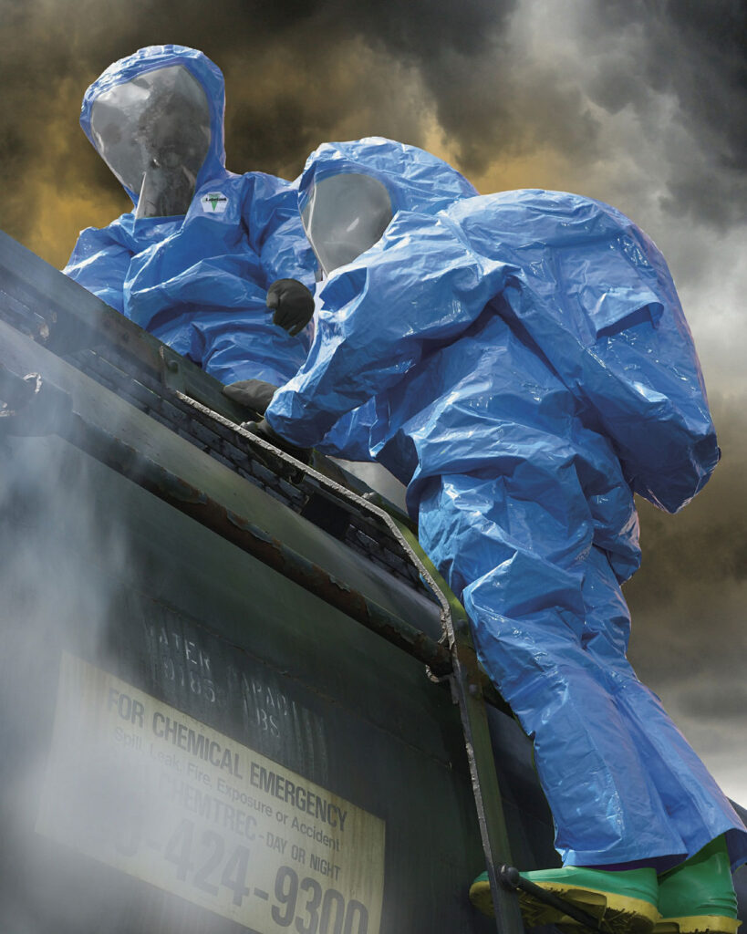 Workers wearing Lakeland Interceptor chemical protective suits perform maintenance tasks on a train carriage.