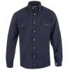 Navy blue button-up shirt with pockets and buttons.