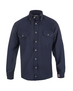 Navy blue button-up shirt with pockets and buttons.