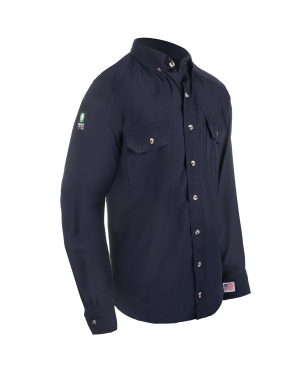 Navy blue button-up shirt with pockets and logos.