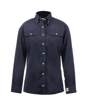Navy blue button-down shirt with pockets.