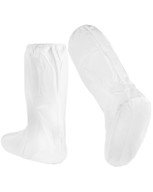 White disposable boot covers, standing and side view