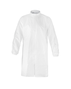White disposable lab coat on black background.