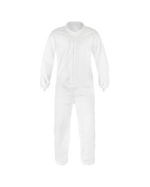 White disposable protective coverall for safety and hygiene.