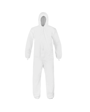 White protective suit with hood, full body coverage.