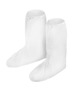 White disposable shoe covers, protective footwear.