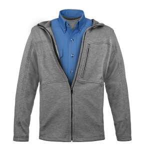 Gray jacket with blue shirt underneath