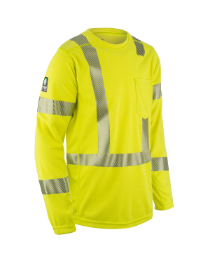 Bright yellow safety shirt with reflective stripes.