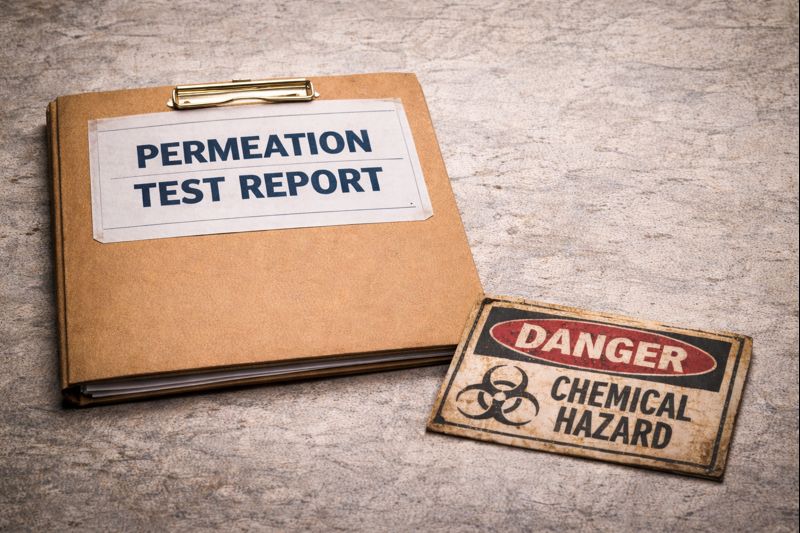 Permeation test report folder next to a chemical hazard warning sign, representing chemical PPE safety and permeation testing.