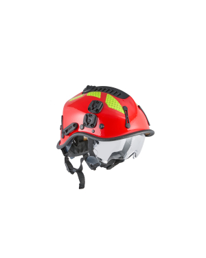 Red safety helmet with visor and mountings