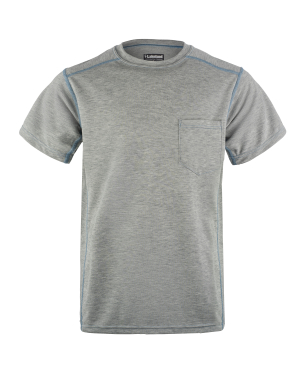 Gray crew neck T-shirt with pocket on front.