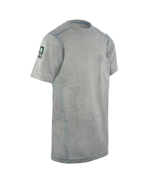 Gray t-shirt with front pocket and logo patch.